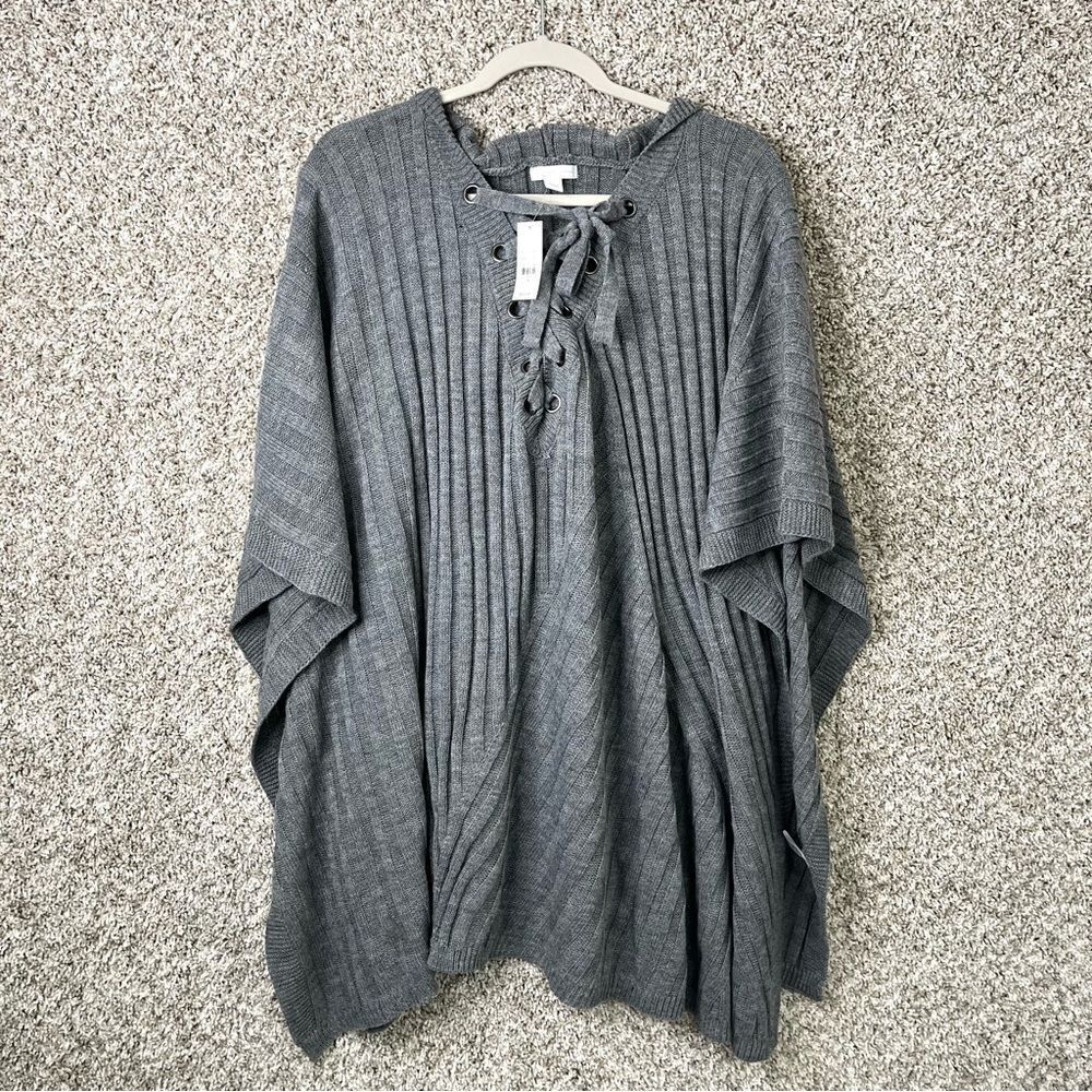 New York & Company Poncho Women’s L/XL Gray Knit Pullover Hooded Sweater NWT